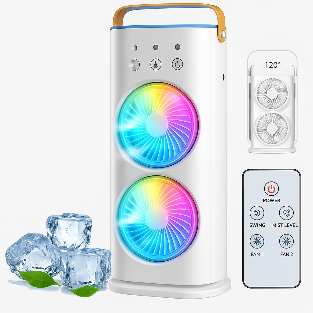 efluky 4000mAh Double Ended Spray Fan, Cold Air, 2025 New 3 Gears USB Rechargeable with LED Light Cooler, Tower Air Coolers & Remote Control,Water Tank,Table fan for Home,Office