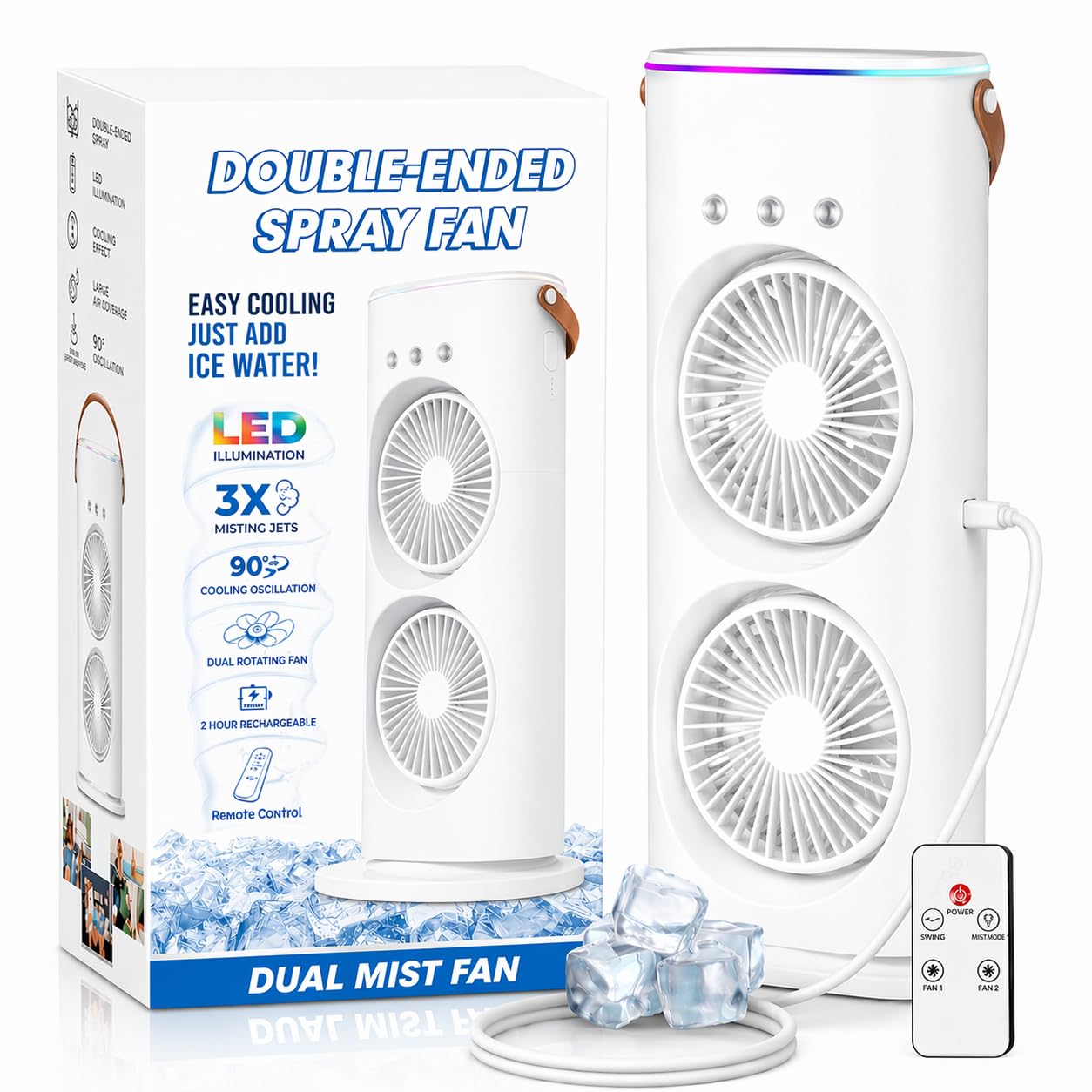 efluky 4000mAh Double Ended Spray Fan, Cold Air, 2025 New 3 Gears USB Rechargeable with LED Light Cooler, Tower Air Coolers & Remote Control,Water Tank,Table fan for Home,Office
